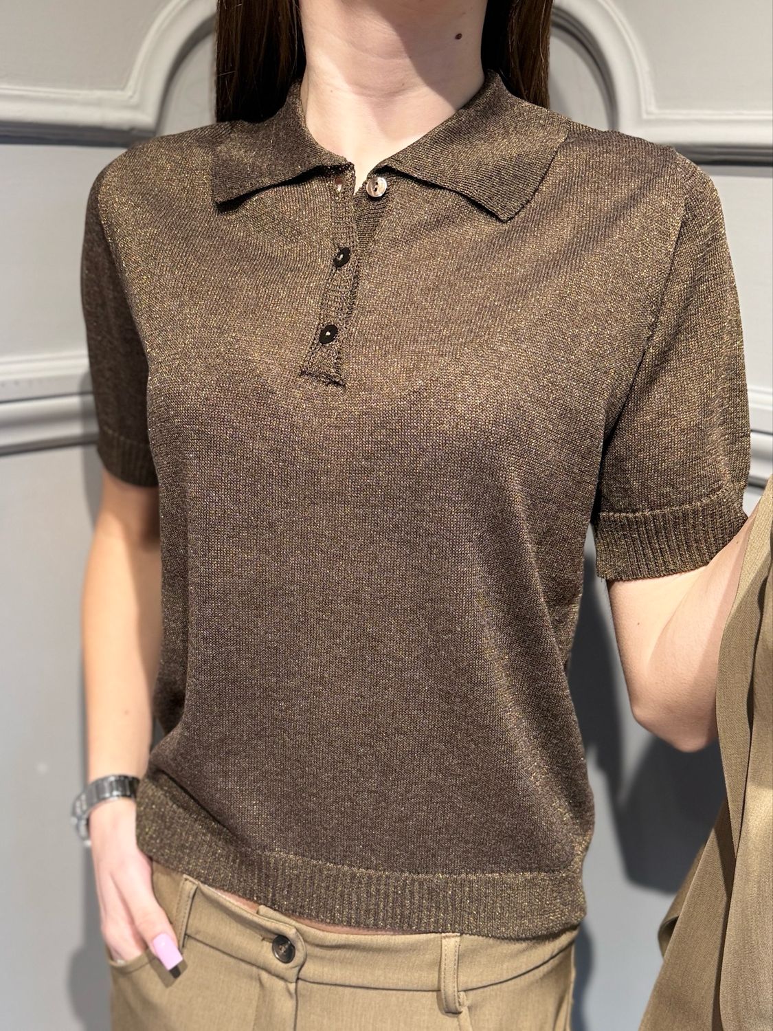 TENSIONE IN - maglia polo in filo e lurex D90008 moro