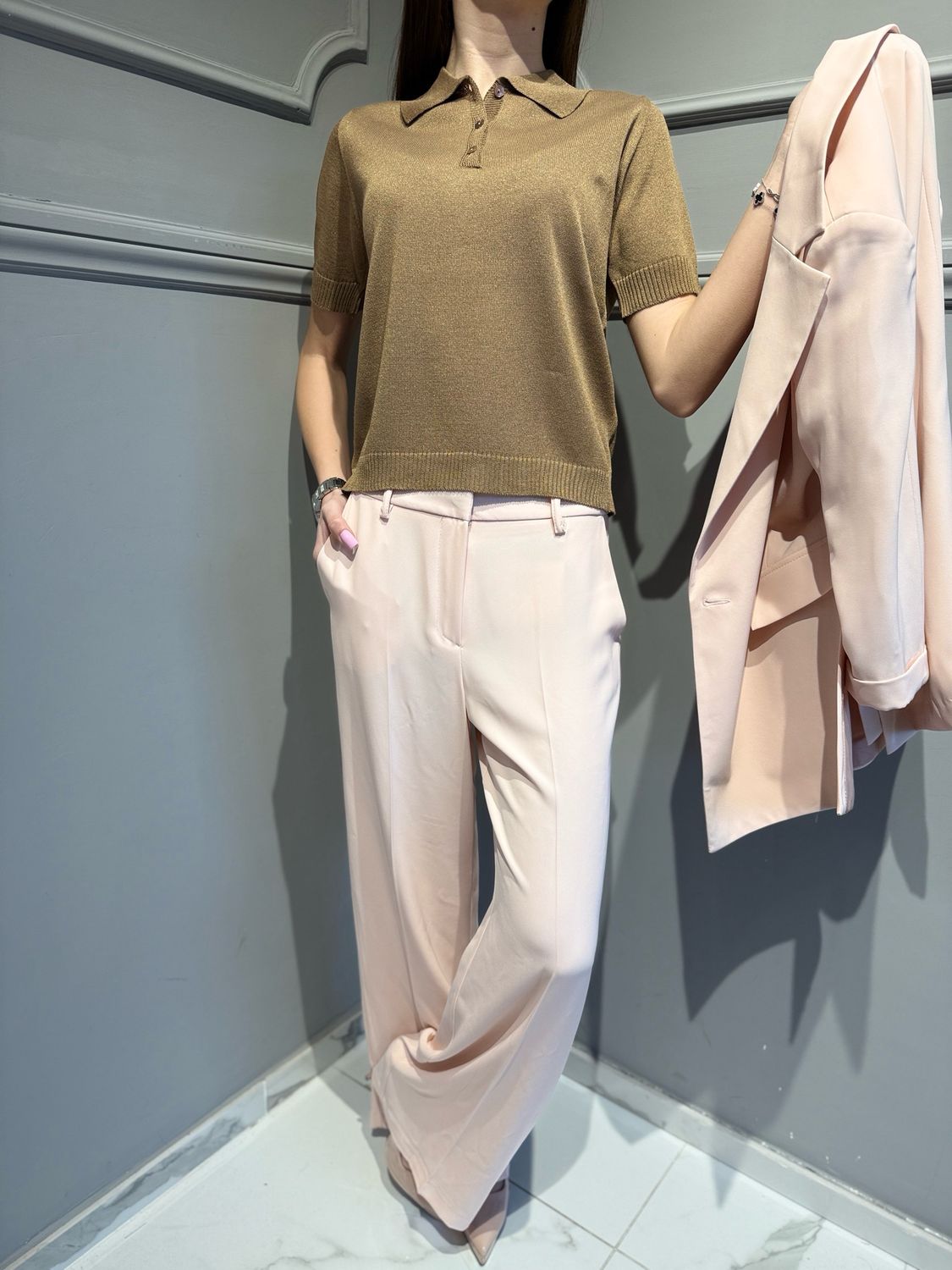 TENSIONE IN - maglia polo in filo e lurex D90008 fango