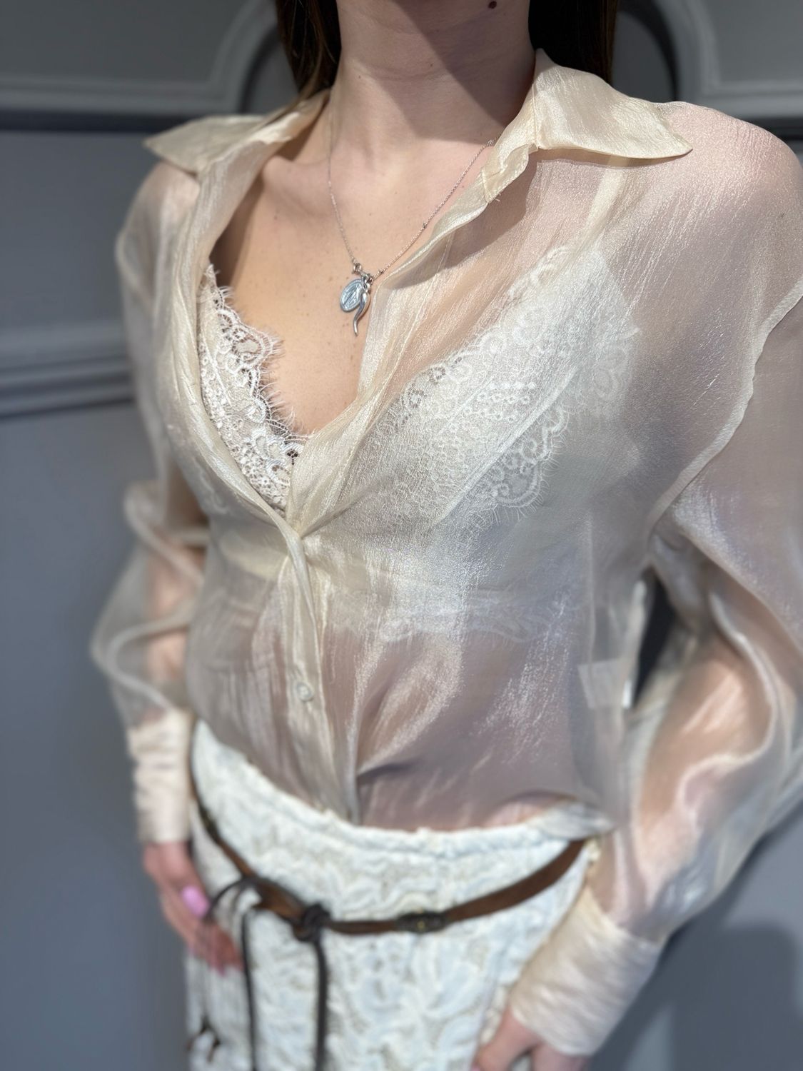 TENSIONE IN - camicia in organza con top in pizzo PE260110 burro