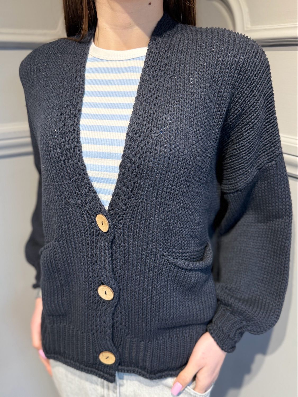 HAVE ONE - cardigan con tasche in filo JIT-Q007 blu