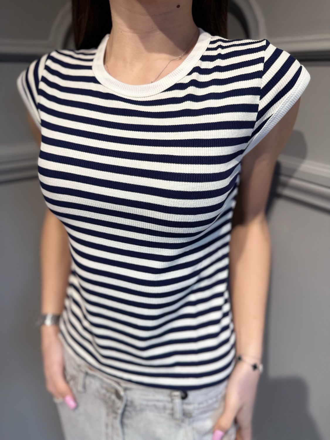 TENSIONE IN - t-shirt a costine elasticizzata 21011 bianco/blu