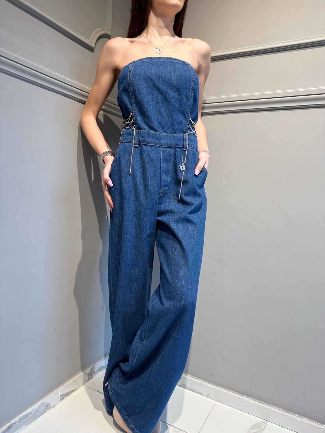 BABYLON - salopette in jeans con stringhe W EBJR08 blu