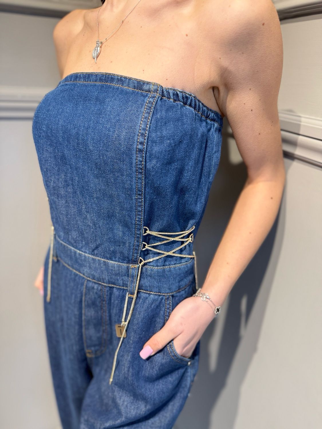 BABYLON - salopette in jeans con stringhe W EBJR08 blu