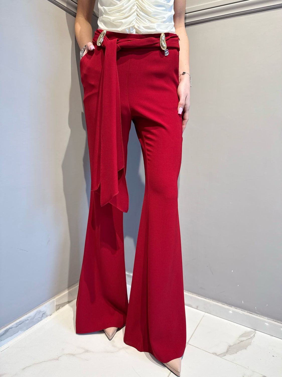 BABYLON - pantalone a zampa elasticizzato con passanti oro e fusciacca W S00558 rosso