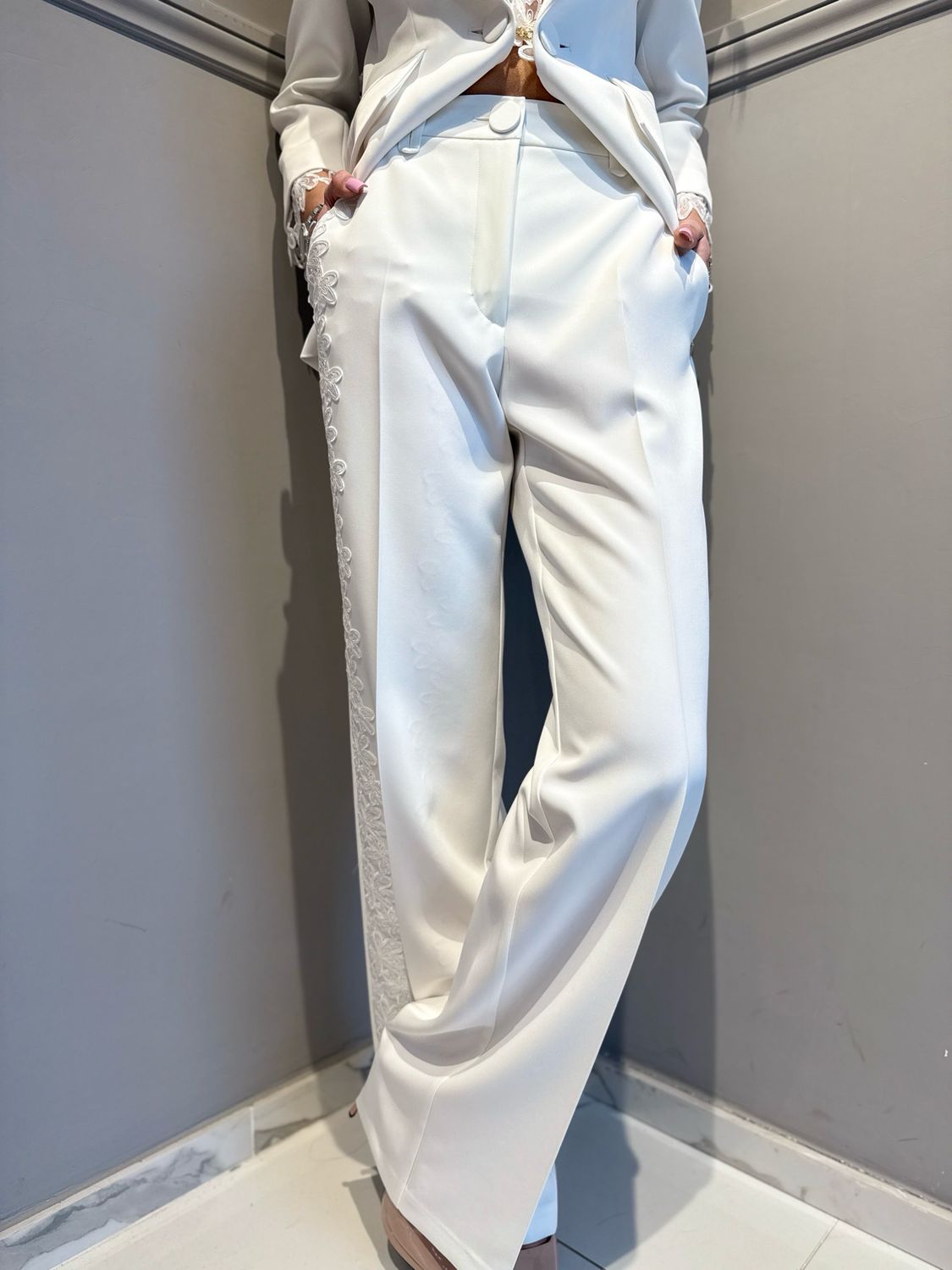 BABYLON - pantalone a palazzo con applicazioni W S00551 bianco