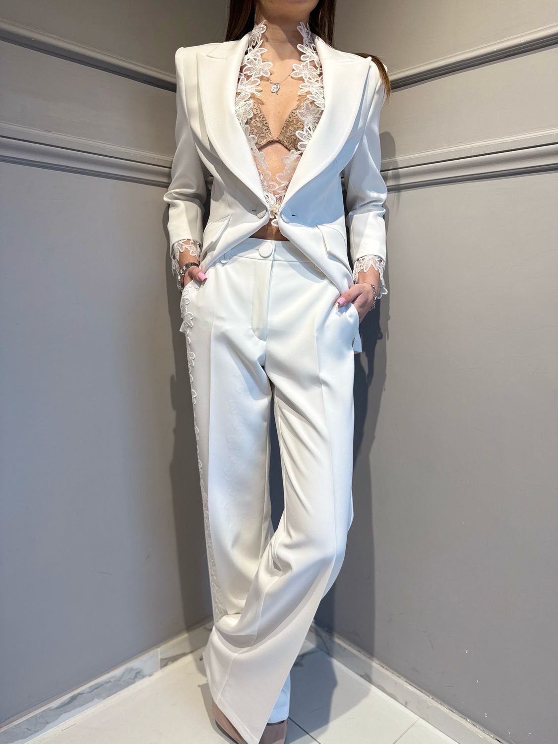 BABYLON - pantalone a palazzo con applicazioni W S00551 bianco