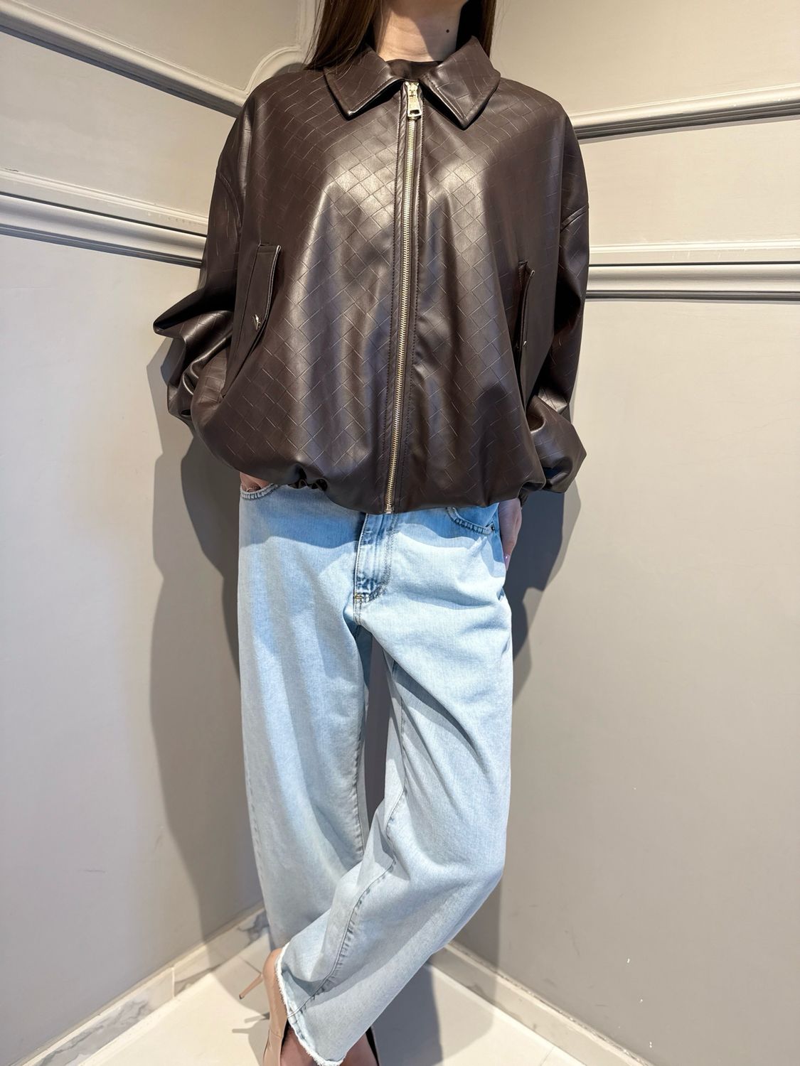 MOTEL - bomber in ecopelle con zip lavorazione bottega veneta 26B3678 Moro