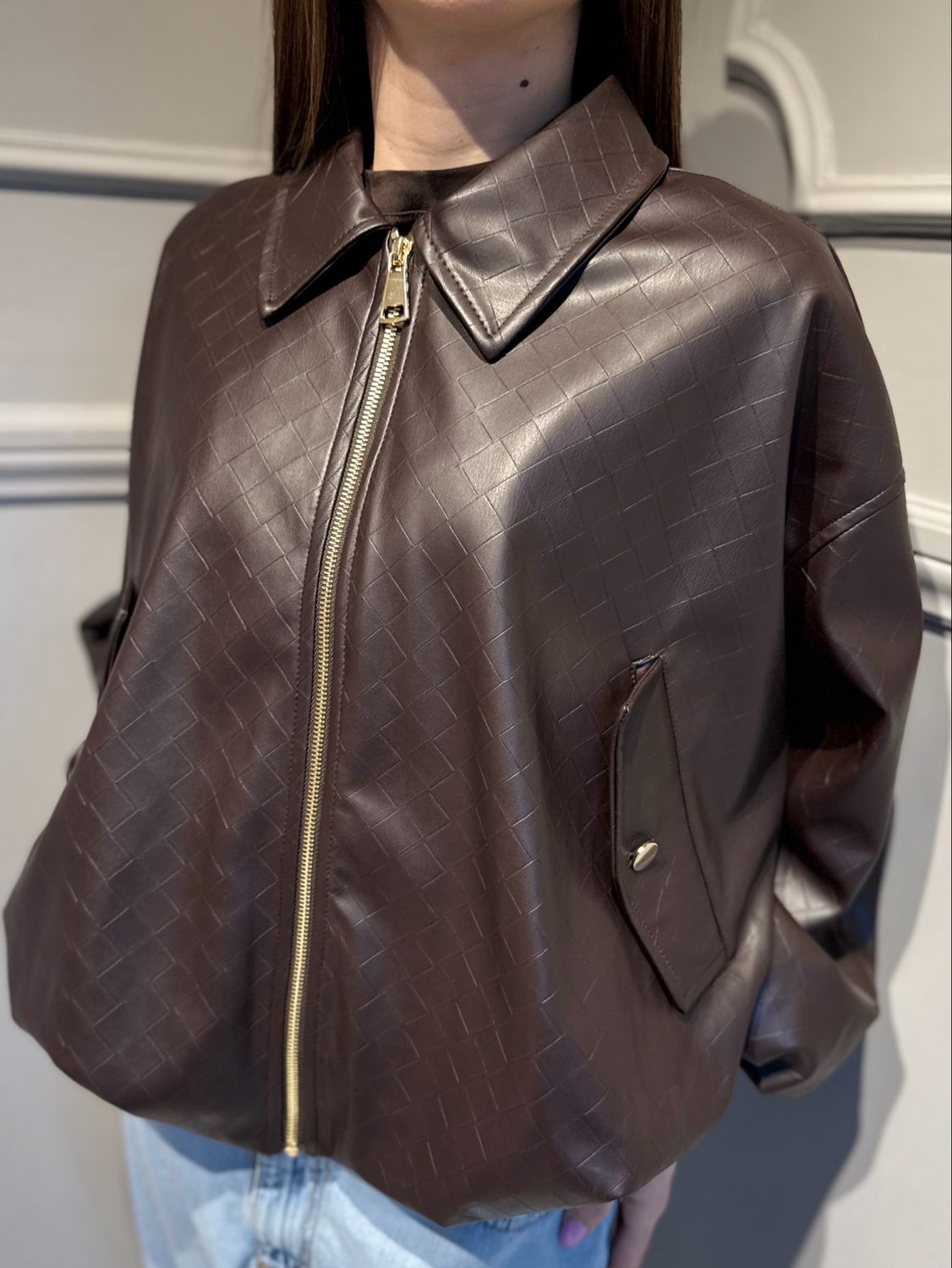 MOTEL - bomber in ecopelle con zip lavorazione bottega veneta 26B3678 Moro