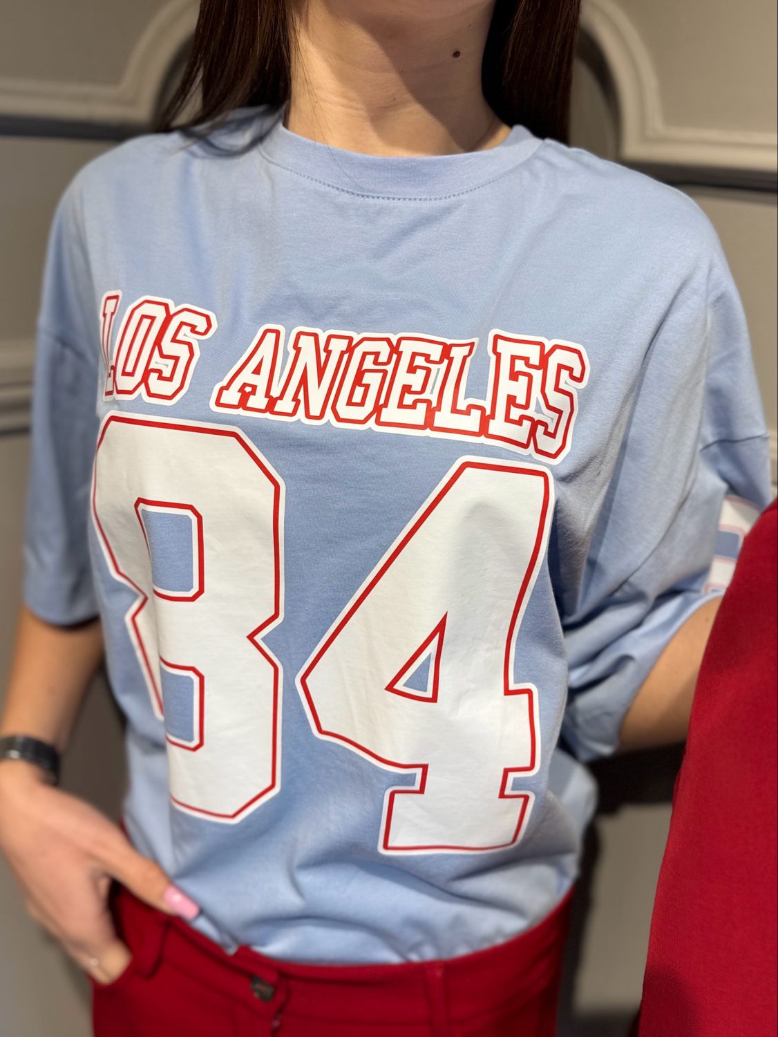 MOTEL - t-shirt over 34 26M4337 celeste/bianco/rosso