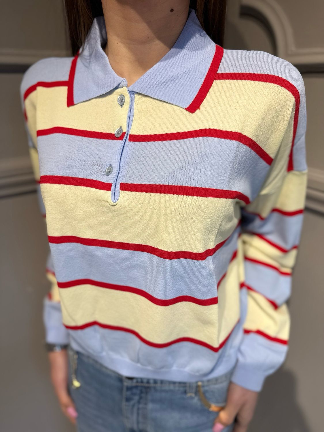 VICOLO - maglia polo a righe in filo leggerissimo 2AB2115 celeste/rosso