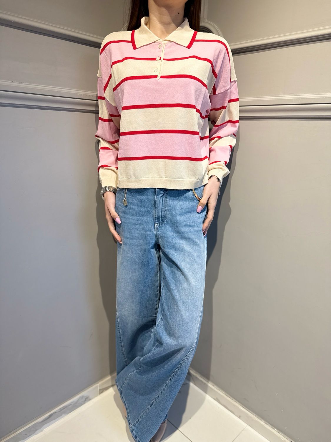 VICOLO - maglia a polo in filo leggerissimo 2AB2115 rosa/rosso