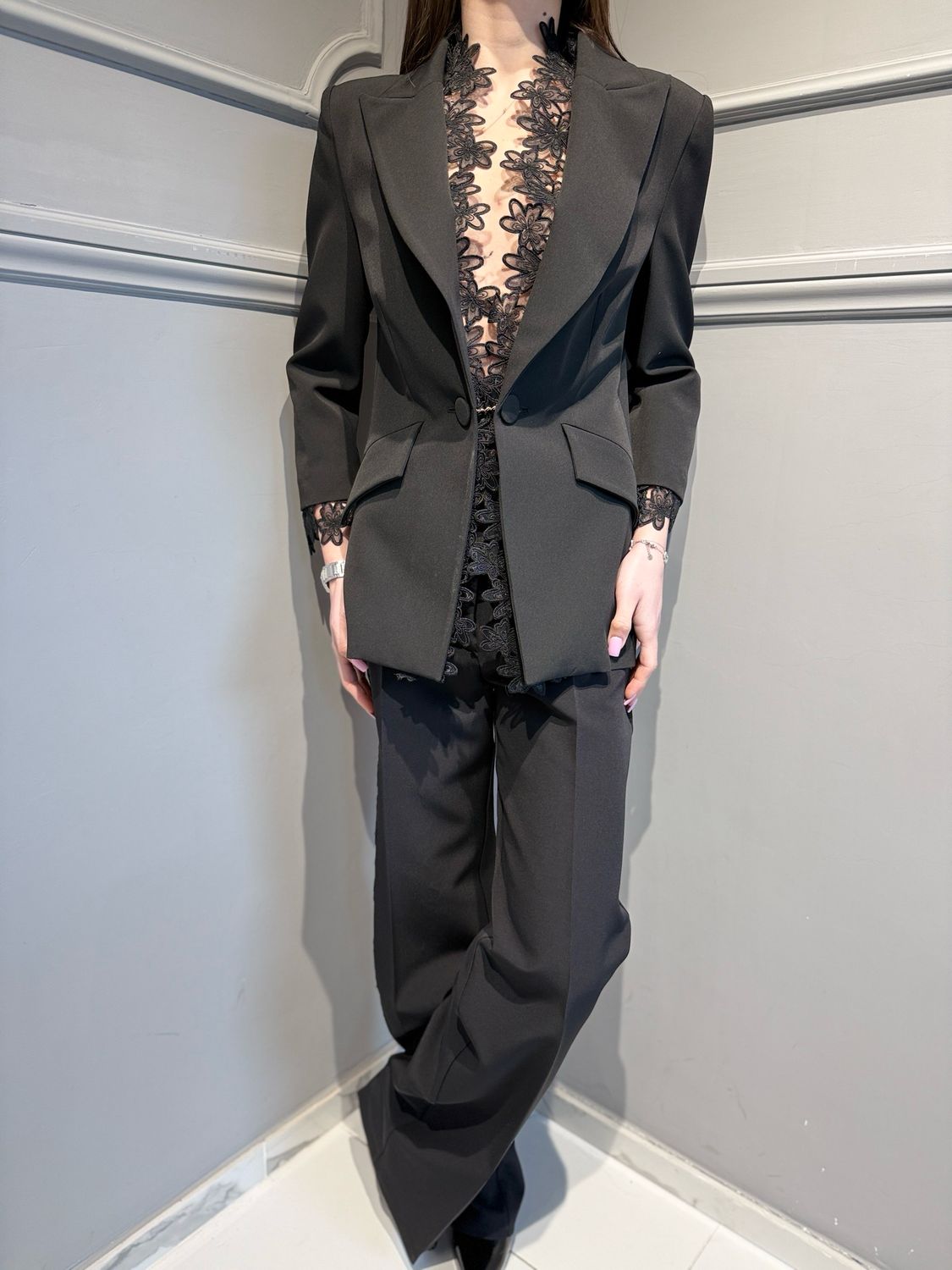 BABYLON - pantalone a palazzo con inserti in toulle ricamato W S00551 nero