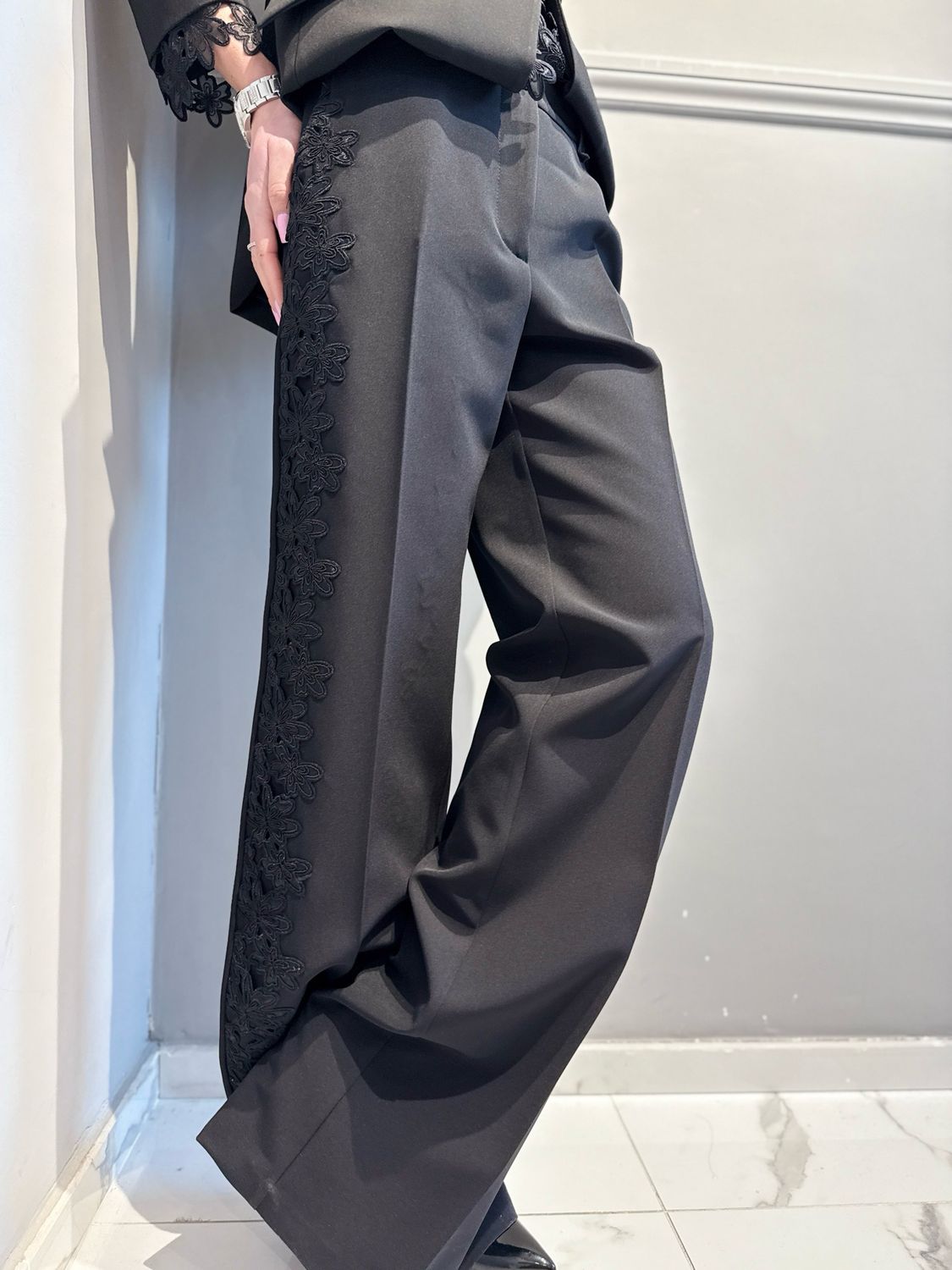 BABYLON - pantalone a palazzo con inserti in toulle ricamato W S00551 nero