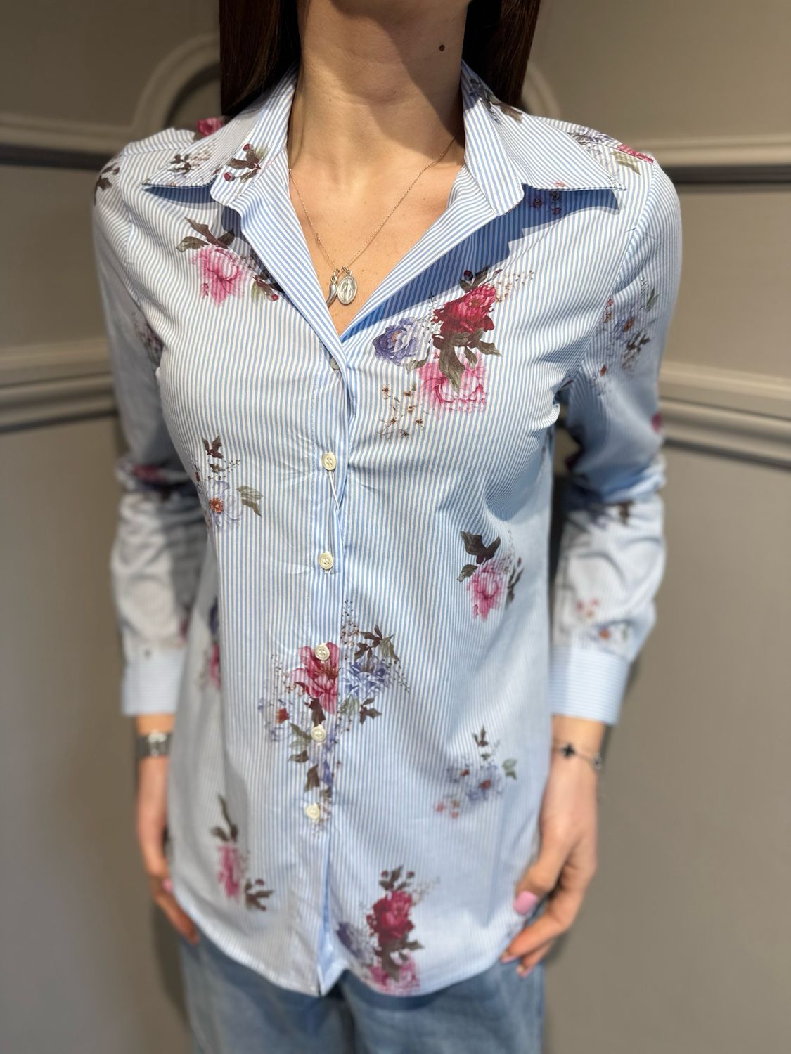 MOTEL - camicia in cotone popeline fantasia fiori 26-76/MO azzurro fucsia