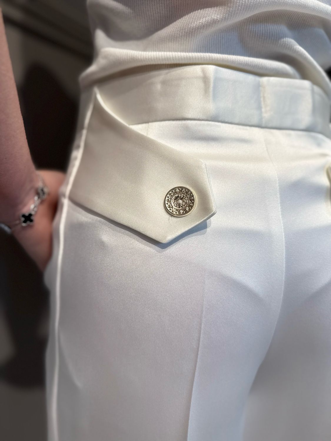 BABYLON - pantalone a palazzo in raso e crepe con mostrine WE 00060 bianco