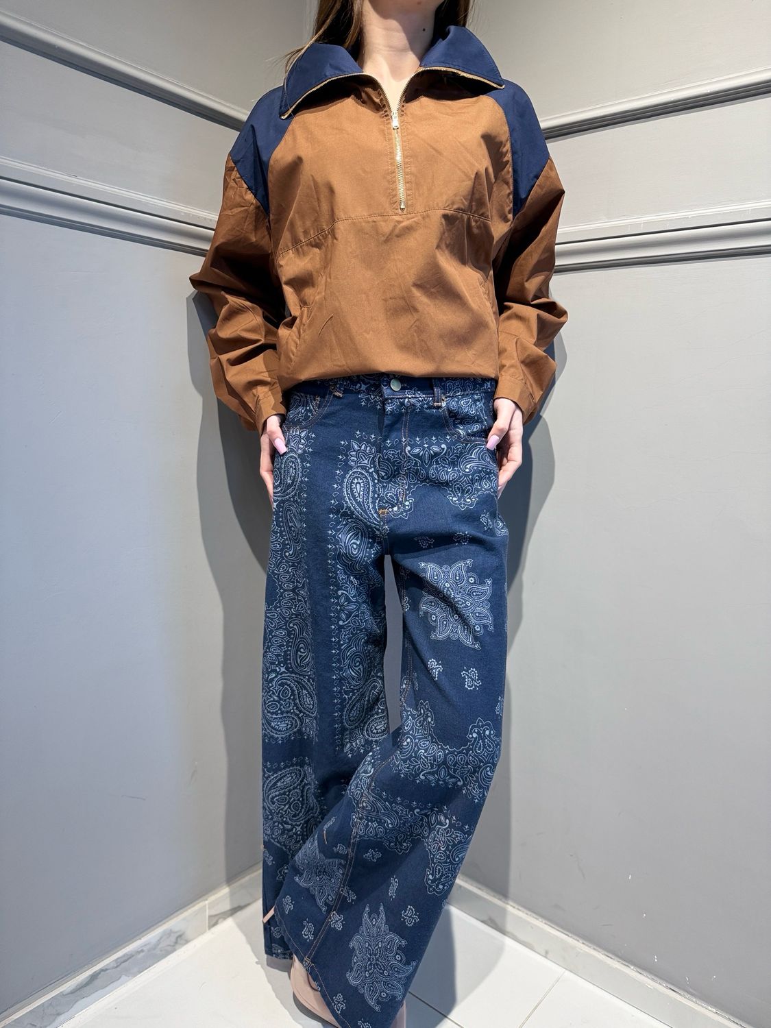 TENSIONE IN - giubbino polo con zip bicolore 38954 blu/tabacco