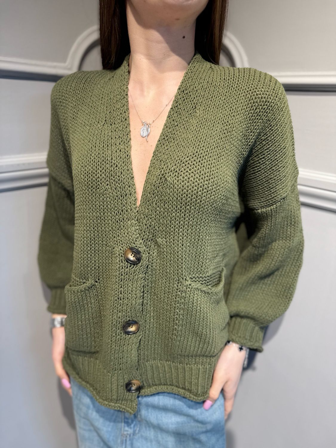 VICOLO - cardigan in filo 3AB3015 verde militare