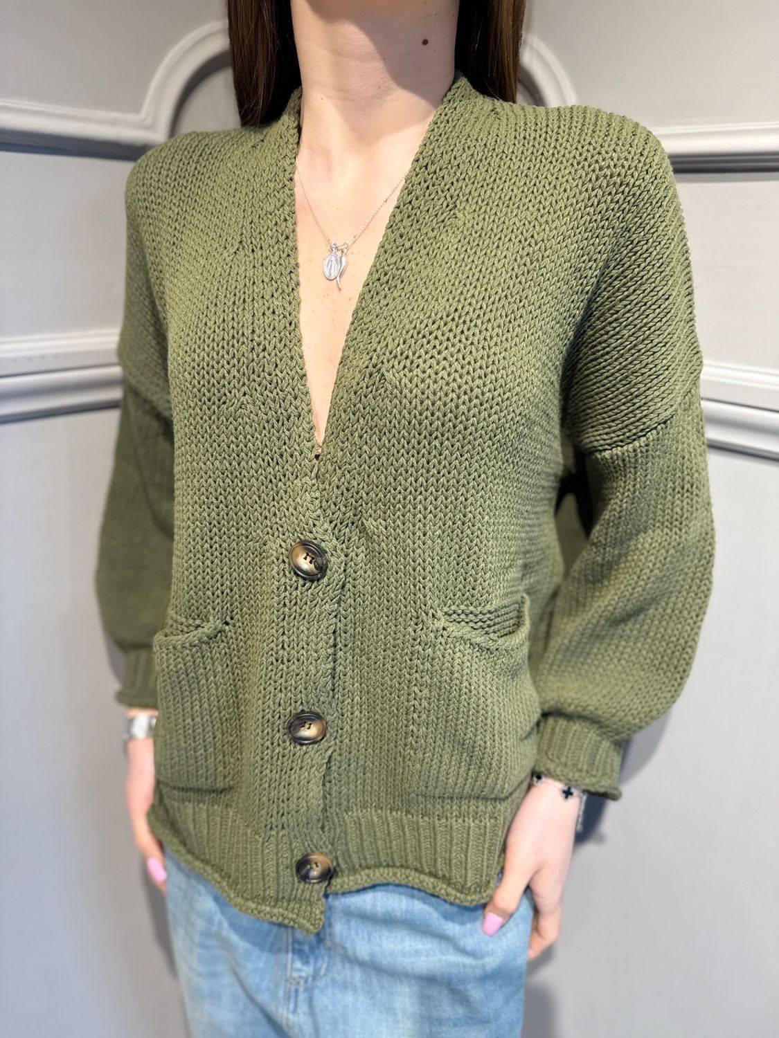 VICOLO - cardigan in filo 3AB3015 verde militare