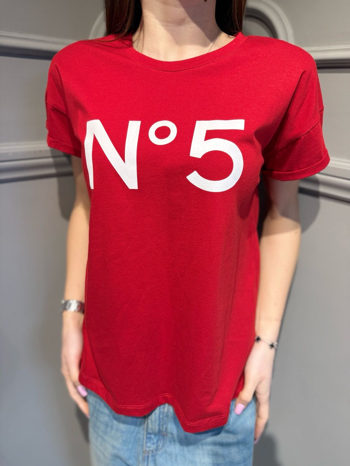 TENSIONE IN - t-shirt numero 5 26M4385 rosso/bianco