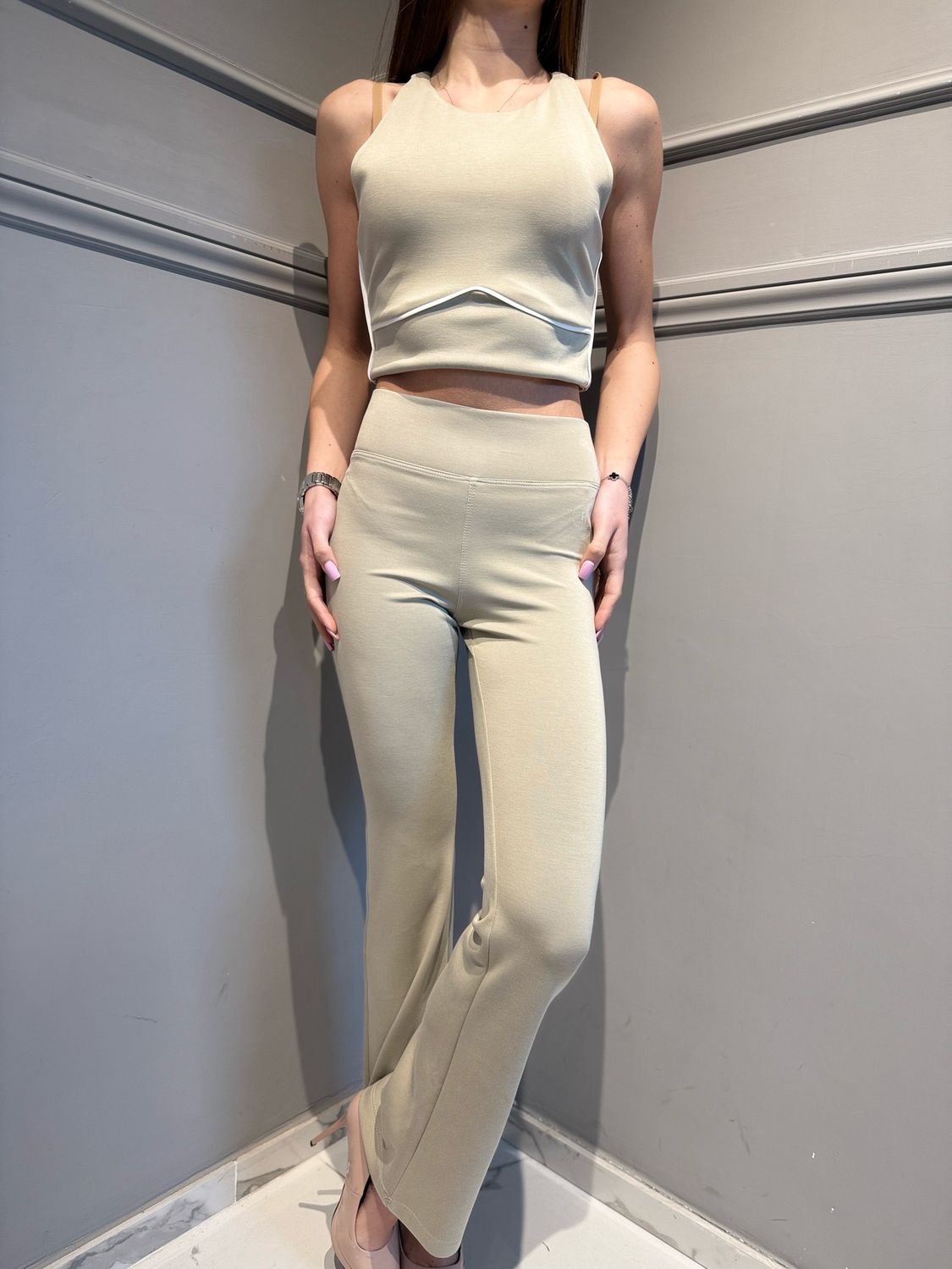 HAVE ONE - pantalone fascia a zampa elasticizzato PMI-Q014 salvia/burro