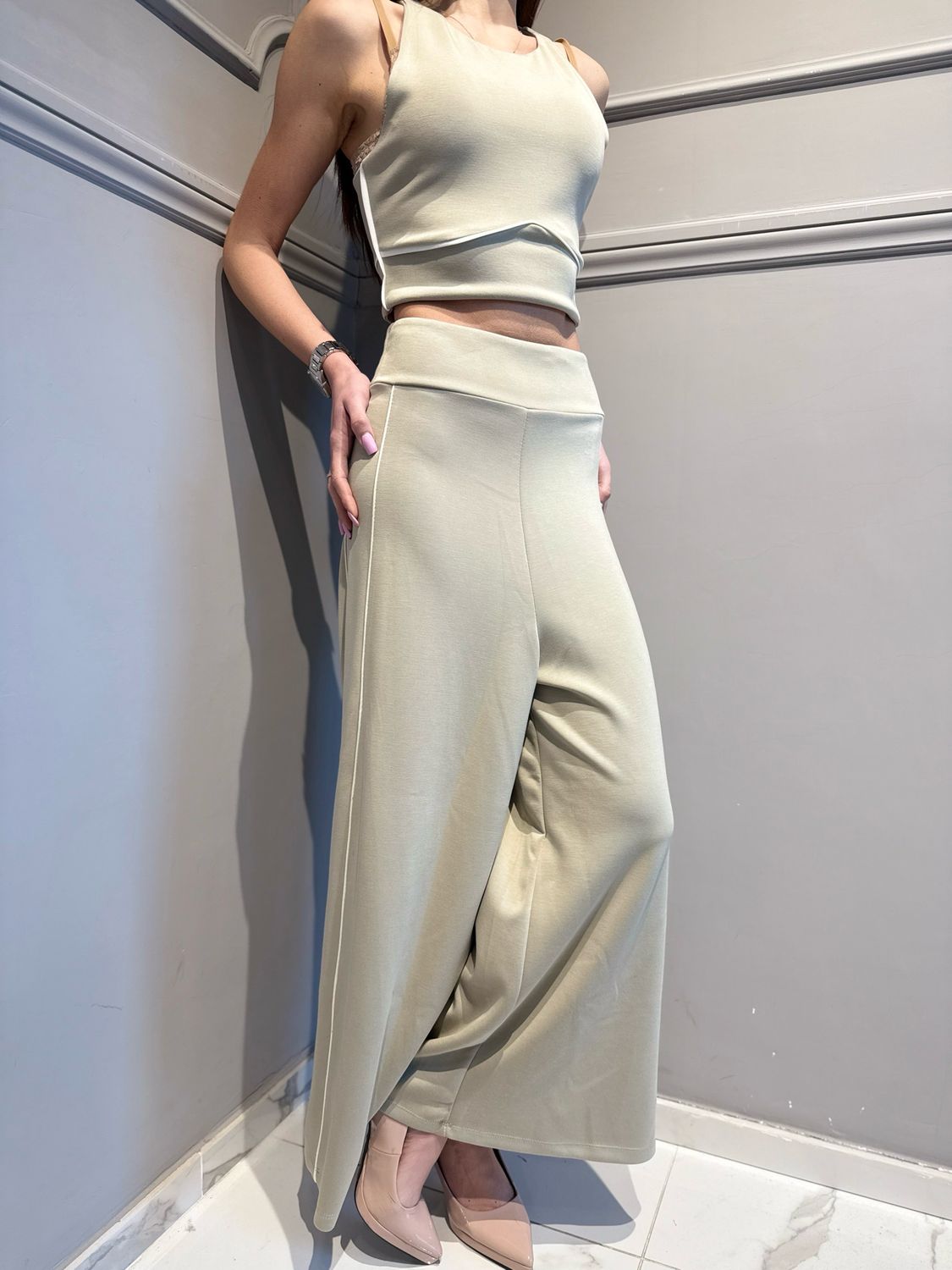 HAVE ONE - pantalone a palazzo in tessuto elasticizzato PMI-Q016 salvia/burro