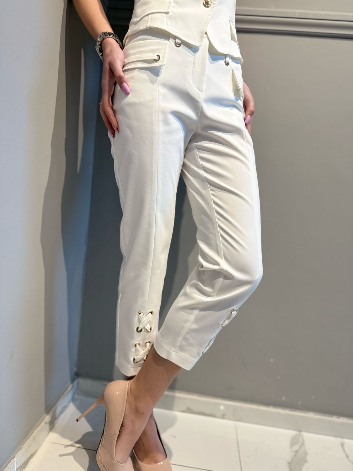 BABYLON - pantalone pinocchietto con stringhe MF0604 bianco