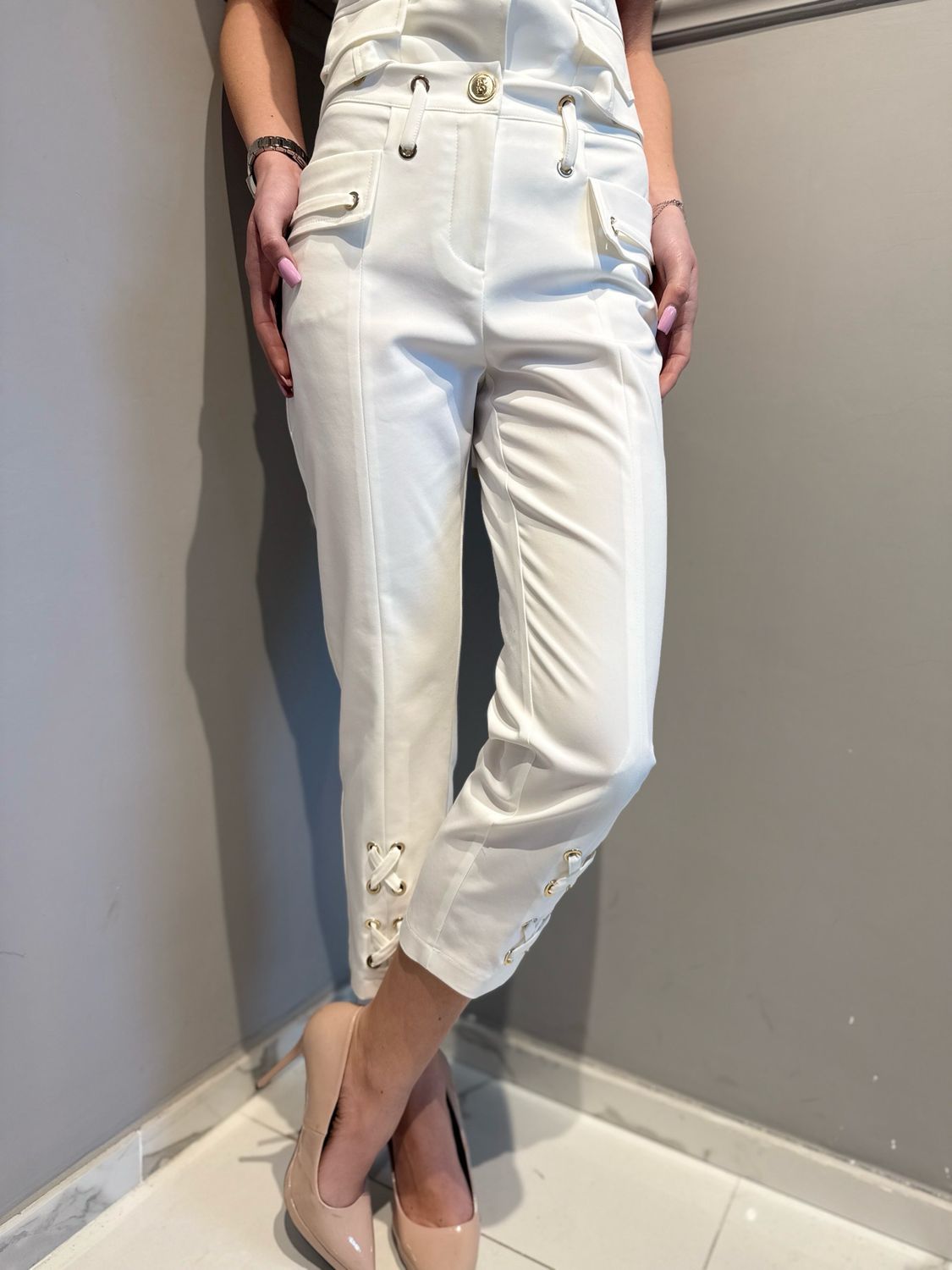 BABYLON - pantalone pinocchietto con stringhe MF0604 bianco