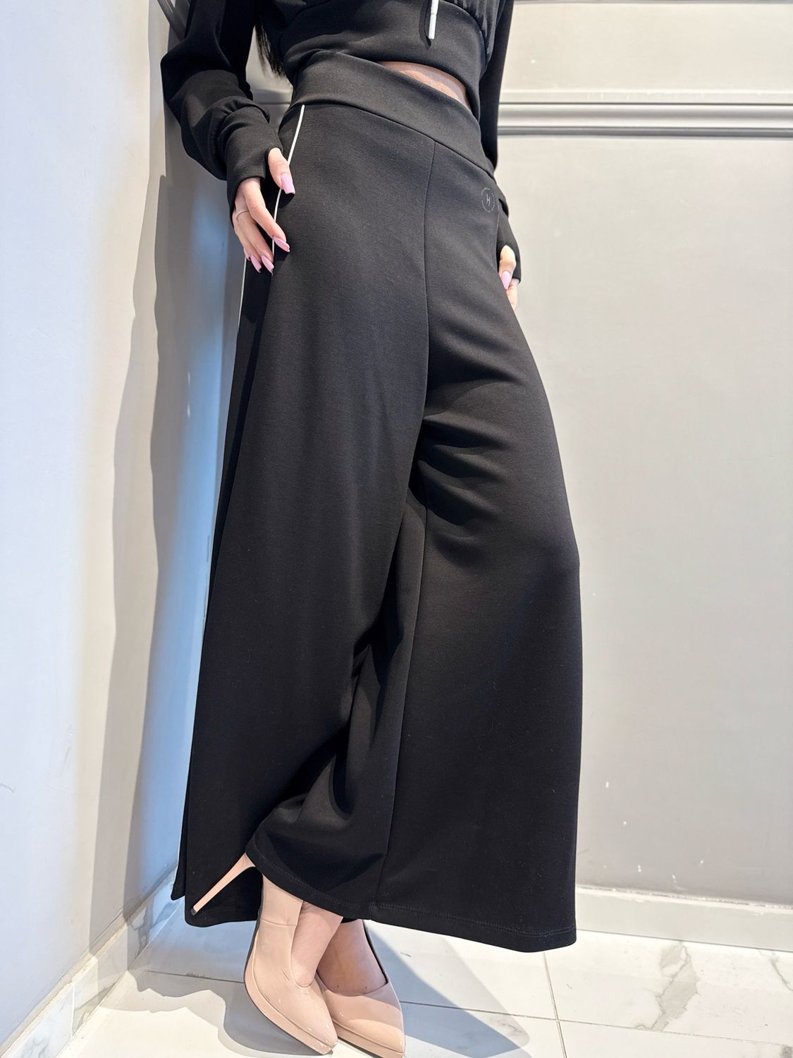 HAVE ONE - pantalone a palazzo elastizzato PMI-Q016 nero/panna