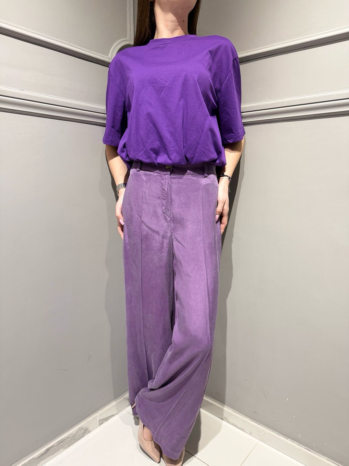 MOTEL - pantalone a palazzo in seta lavata con elastico dietro 26P4521 lavanda