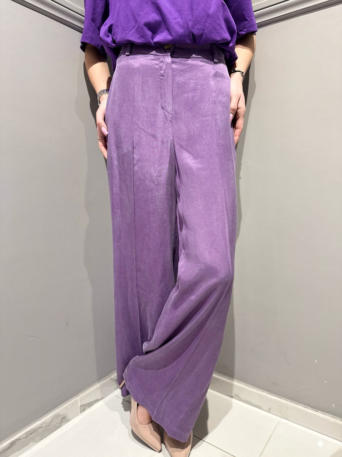 MOTEL - pantalone a palazzo in seta lavata con elastico dietro 26P4521 lavanda