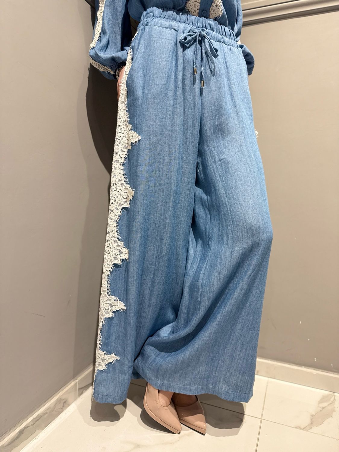 MOTEL - pantalone a palazzo in tencel e lino con pizzo S26PA62