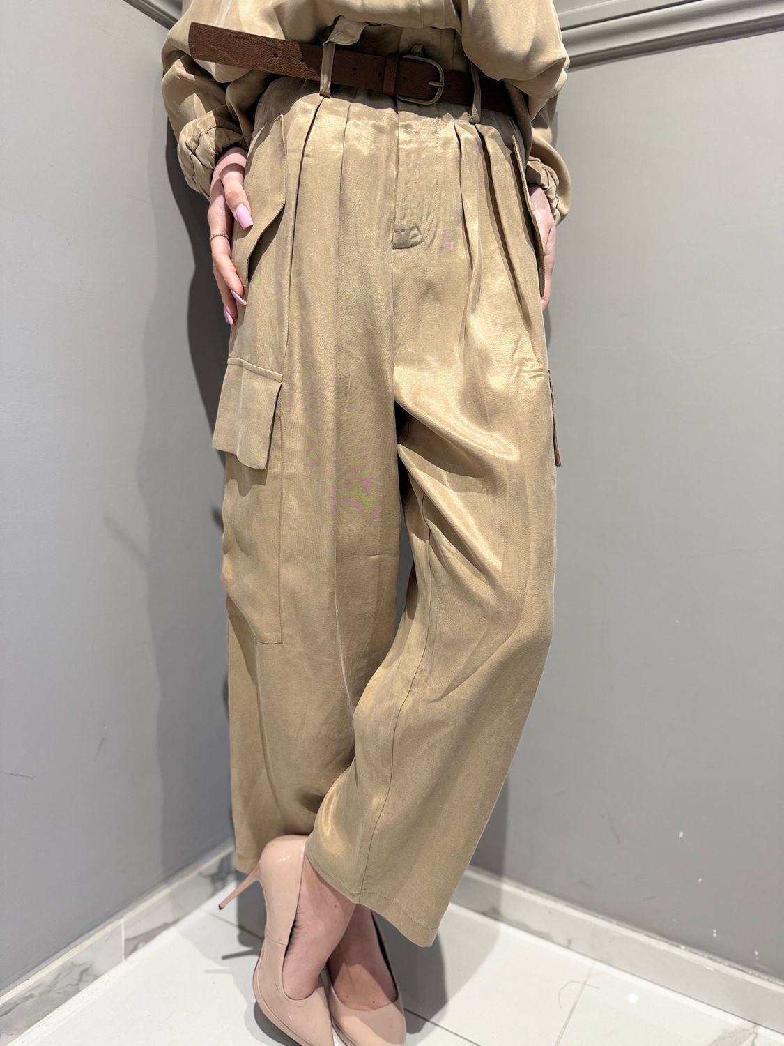 TENSIONE IN - pantalone in seta lavata Peppino PE26-4020CAMP beige