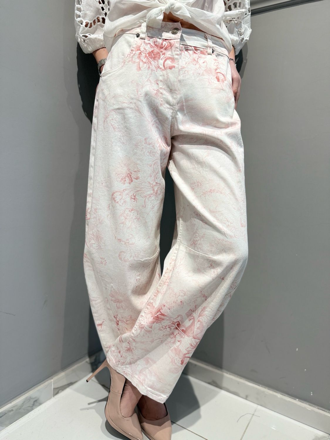 MOTEL - pantalone Baloon in cotone leggero elasticizzato a fantasia S26P990 rosa