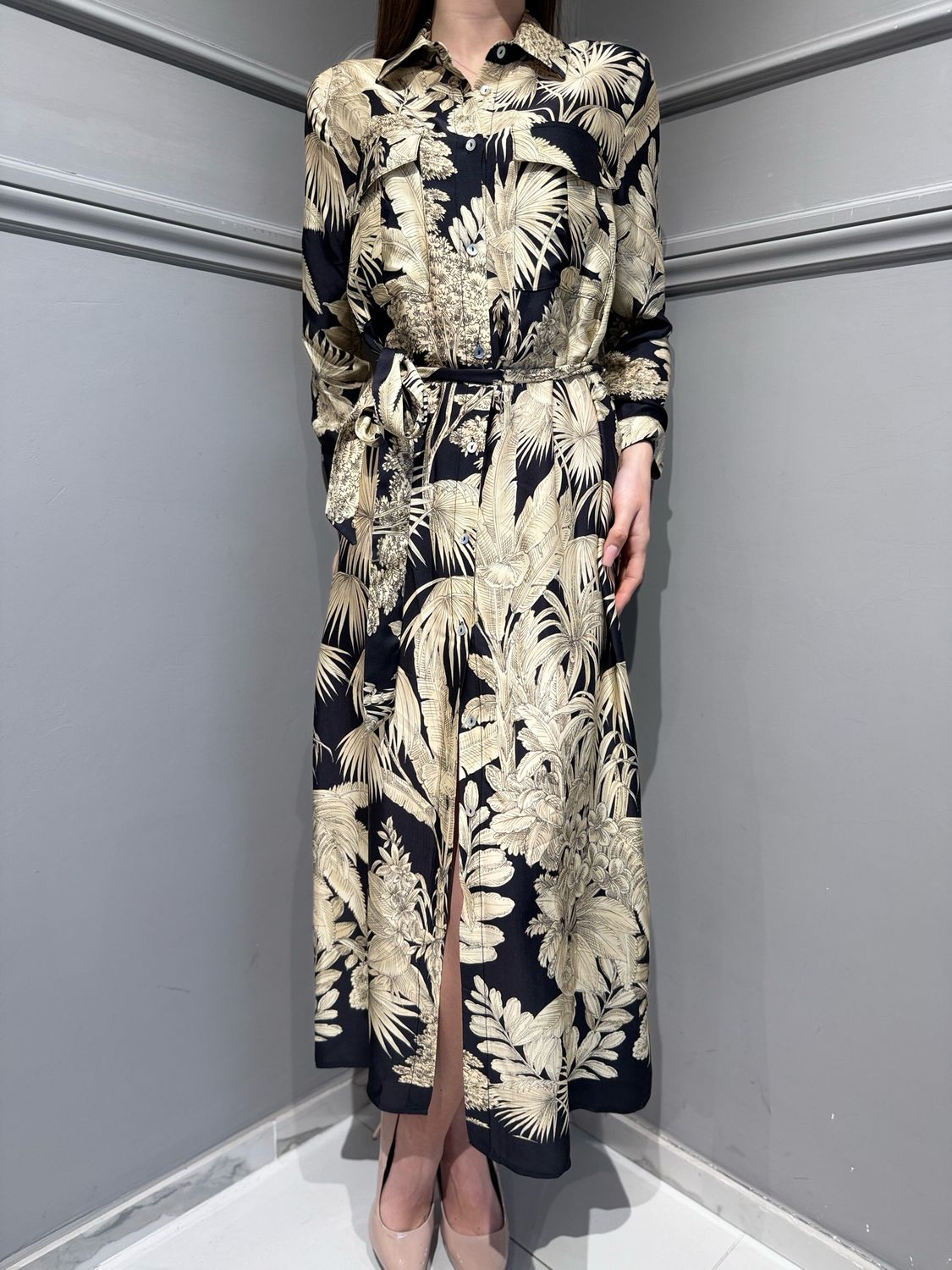 TENSIONE IN - abito chemisier Bernardo  a fantasia in pura viscosa PE261113 nero/beige