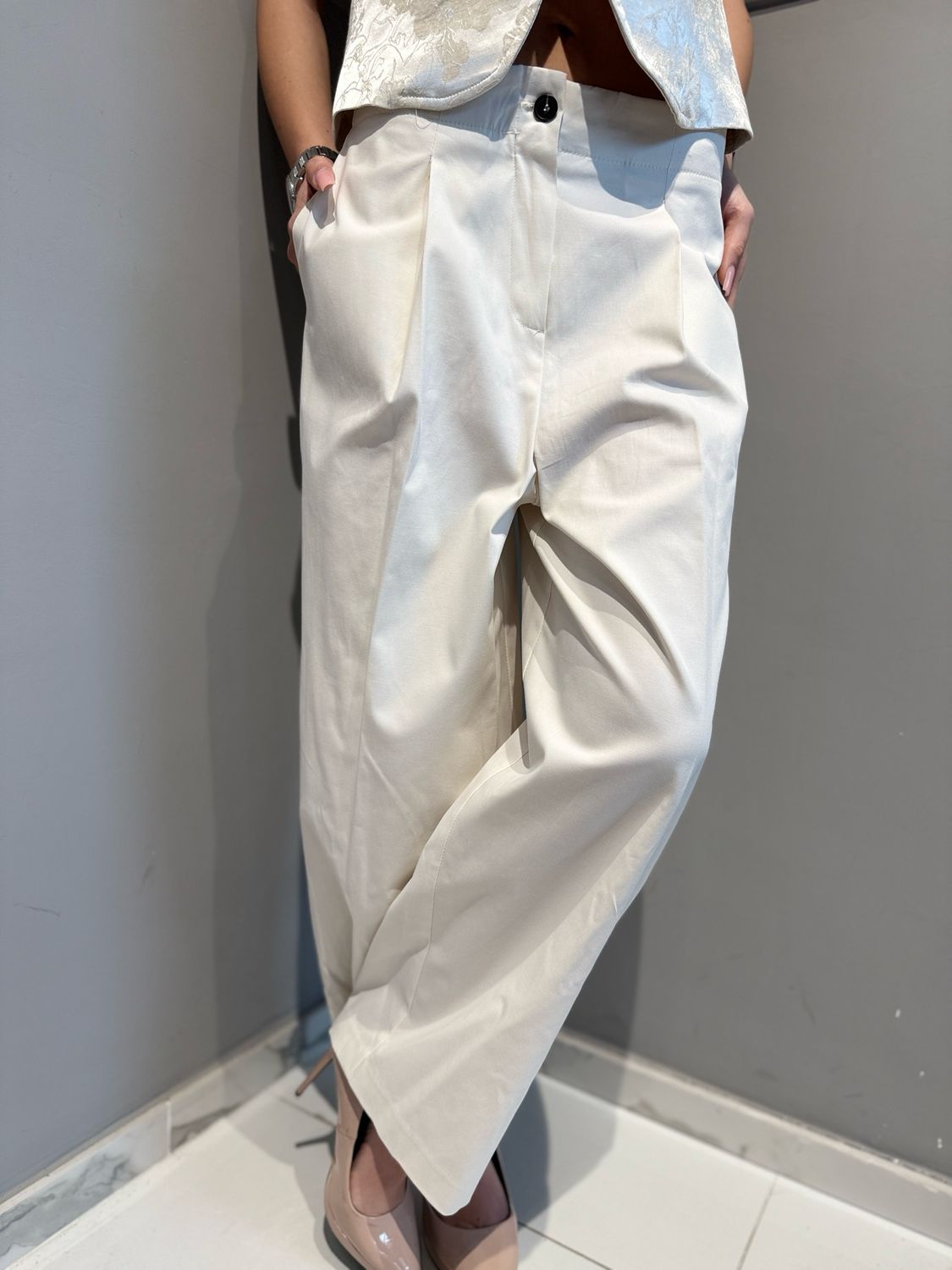 TENSIONE IN - pantalone in cotone elasticizzato 26P4516 panna