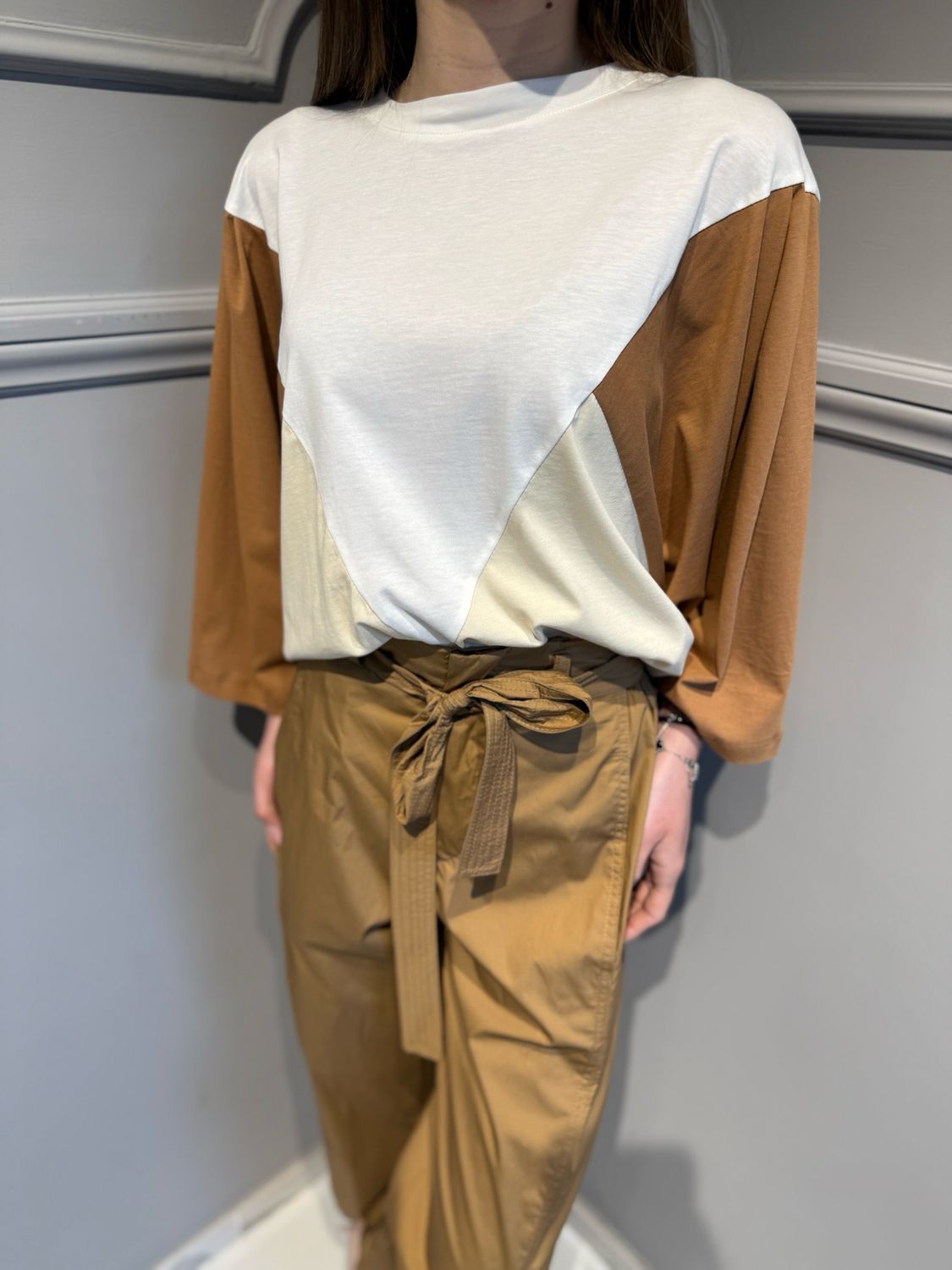 TENSIONE IN - t-shirt tre colori PE260181 panna/cammello/nocciola