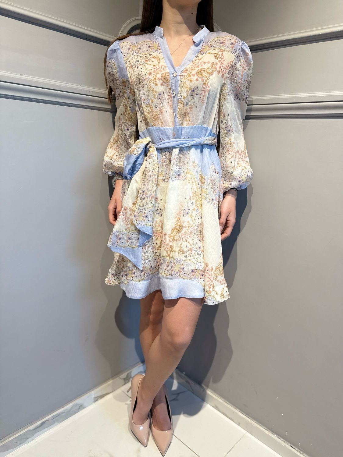 TENSIONE IN - abito corto svasato S26AC39 fantasia celeste