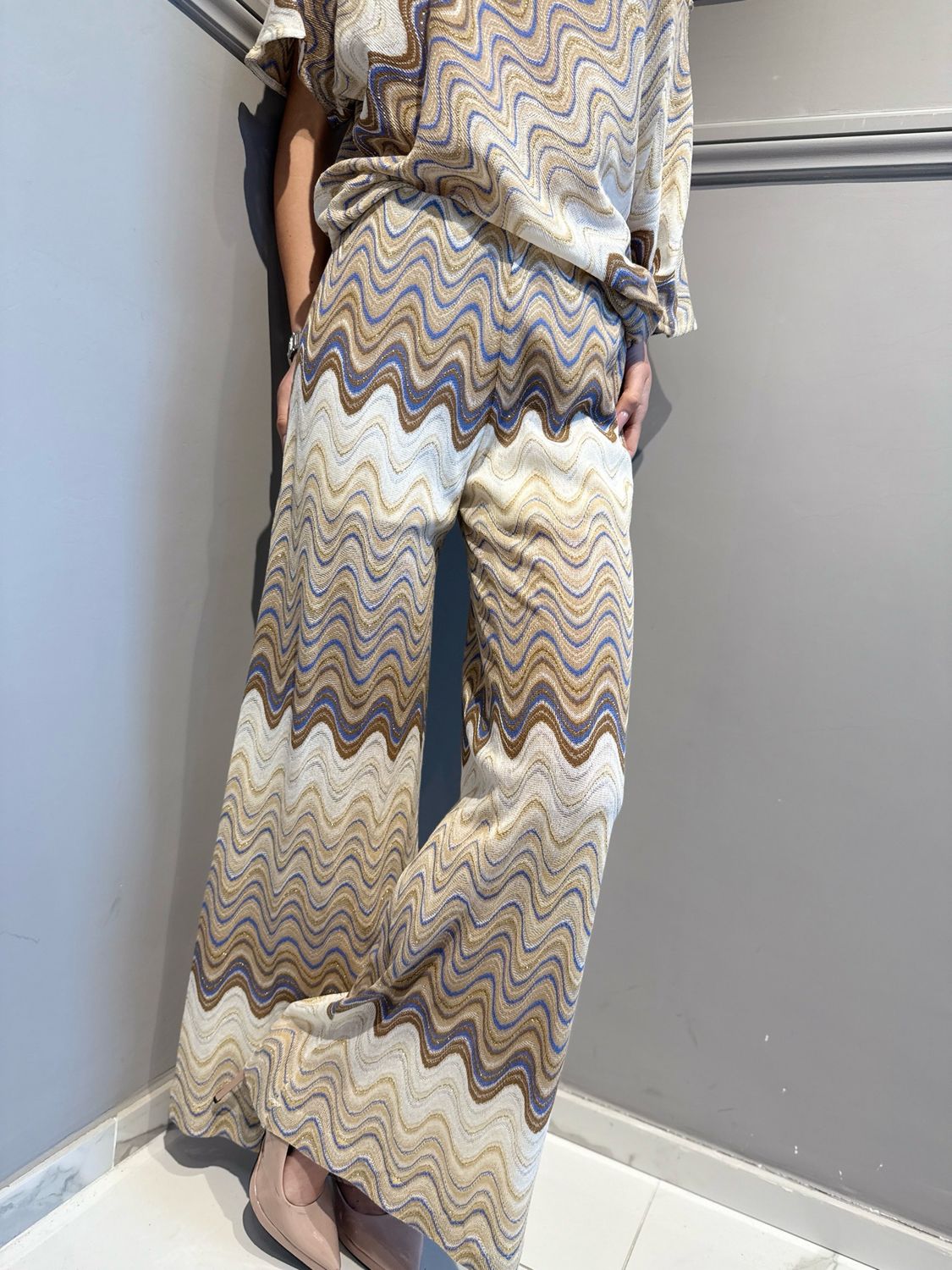 MOTEL - pantalone a palazzo con lurex S26PC16 panna/celeste/moro/oro