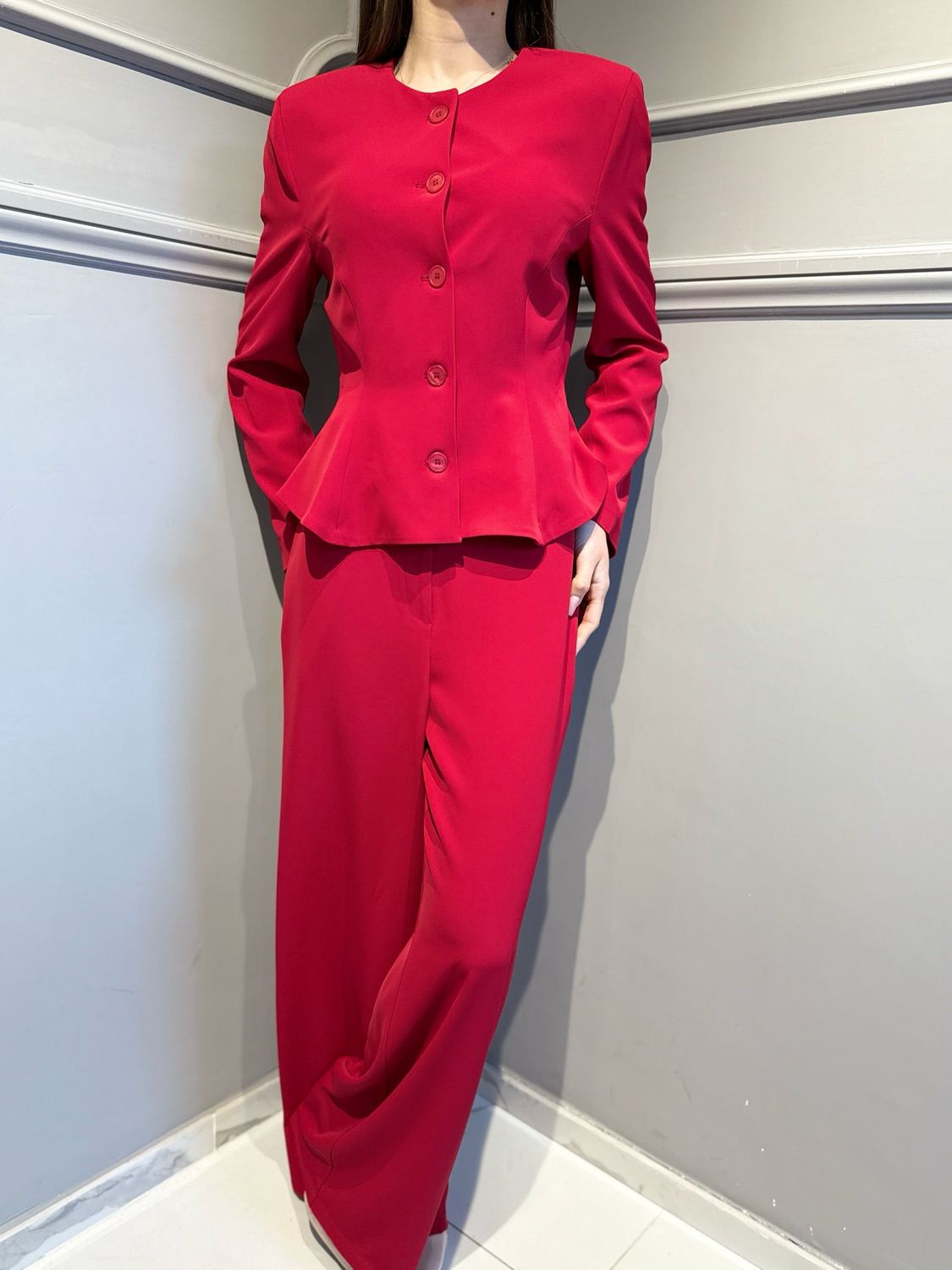 TENSIONE IN - completo giacca chanel svasata + pantalone palazzo elastico dietro tessuto fluido 26C4524 rosso
