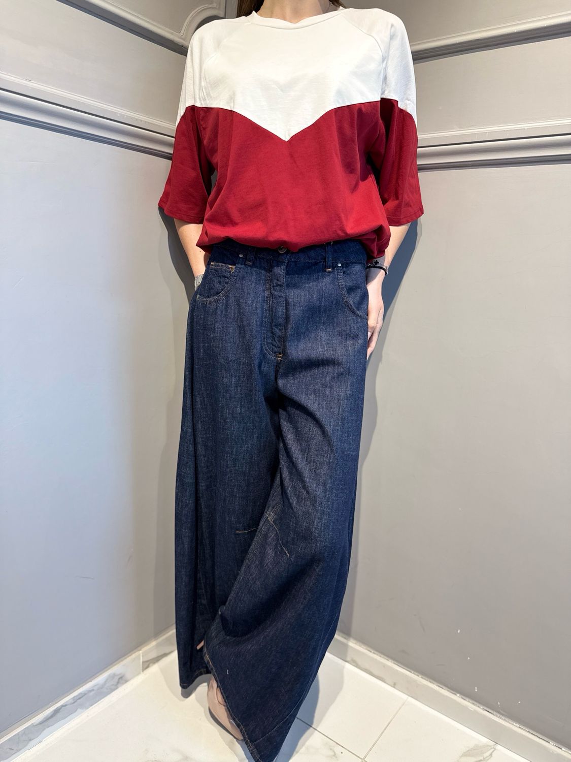 TENSIONE IN - t-shirt bicolore Baloon 39070 panna/rosso