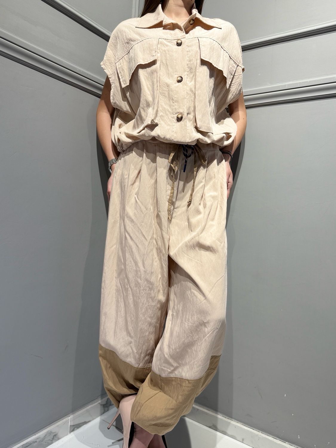 VICOLO - pantalone bicolore a palloncino TAB2075 cammello/beige