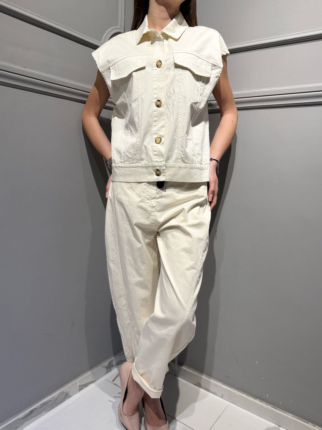 VICOLO -  pantalone Baloon in cotone elasticizzato TAB1876 burro