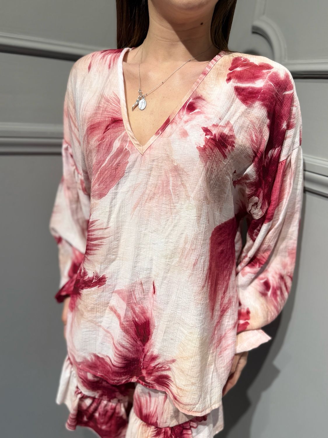 HAVE ONE - camicia scollo a V manica arricciata fantasia CMA-Q314