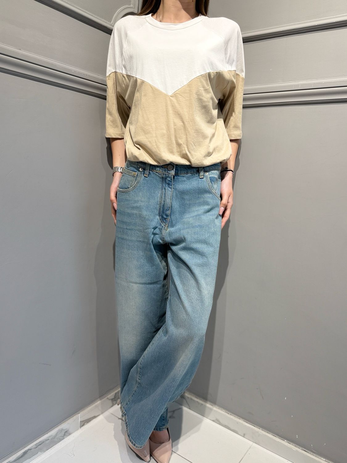 TENSIONE IN - t-shirt ballon bicolore 39070 panna/sabbia