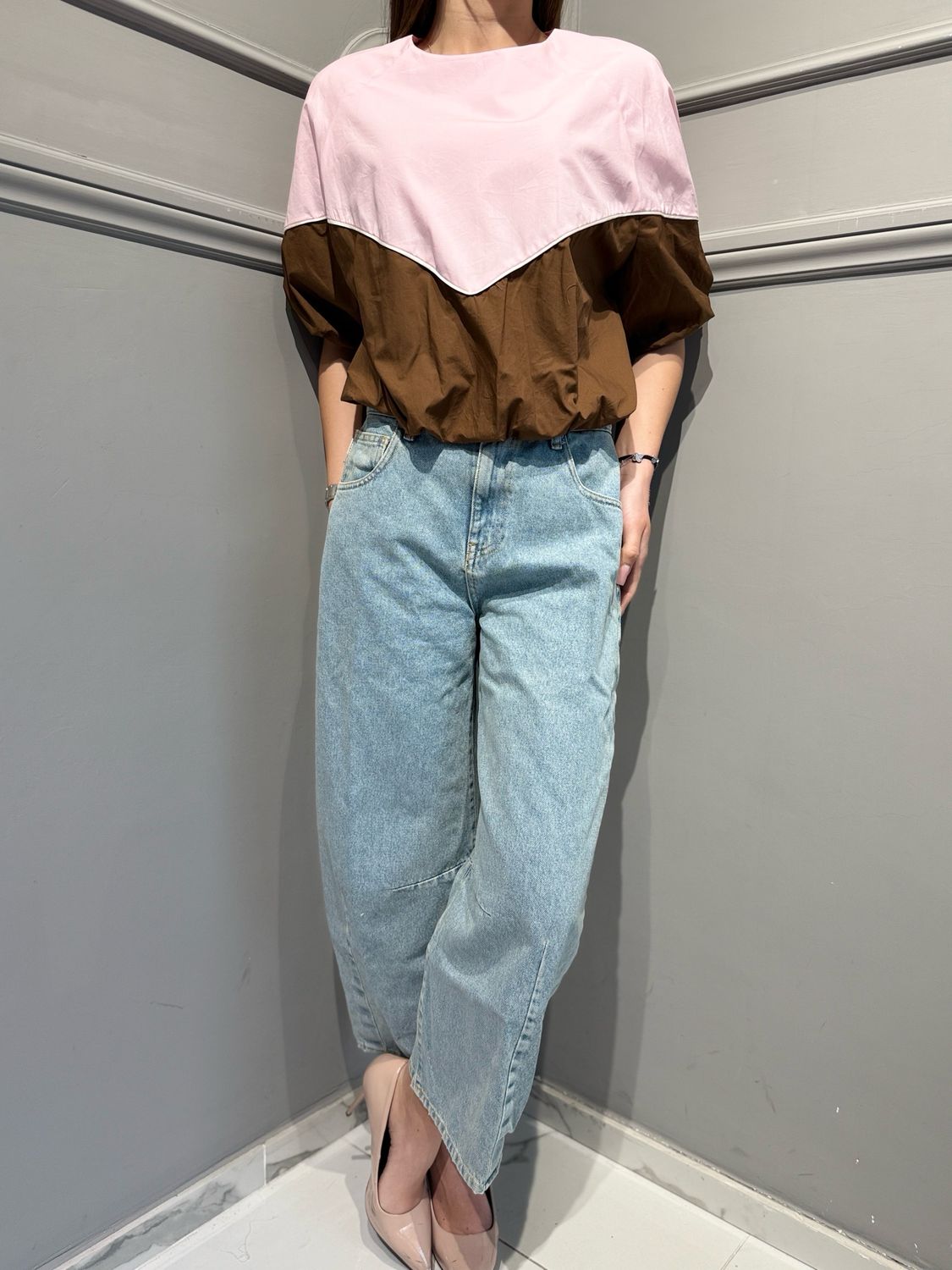 TENSIONE IN - casacca Baloon bicolore in popeline di cotone a palloncino 39166 rosa/tabacco