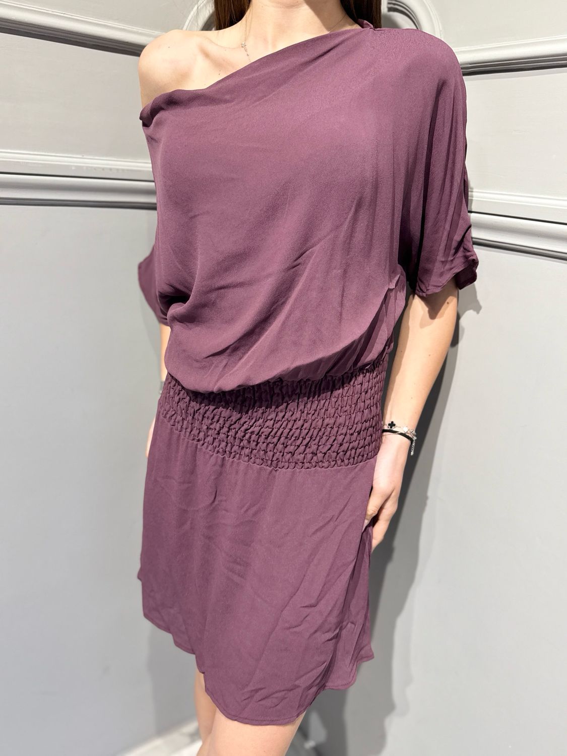 TENSIONE IN - abito omero scoperto elastico in vita S26AB25 bordeaux