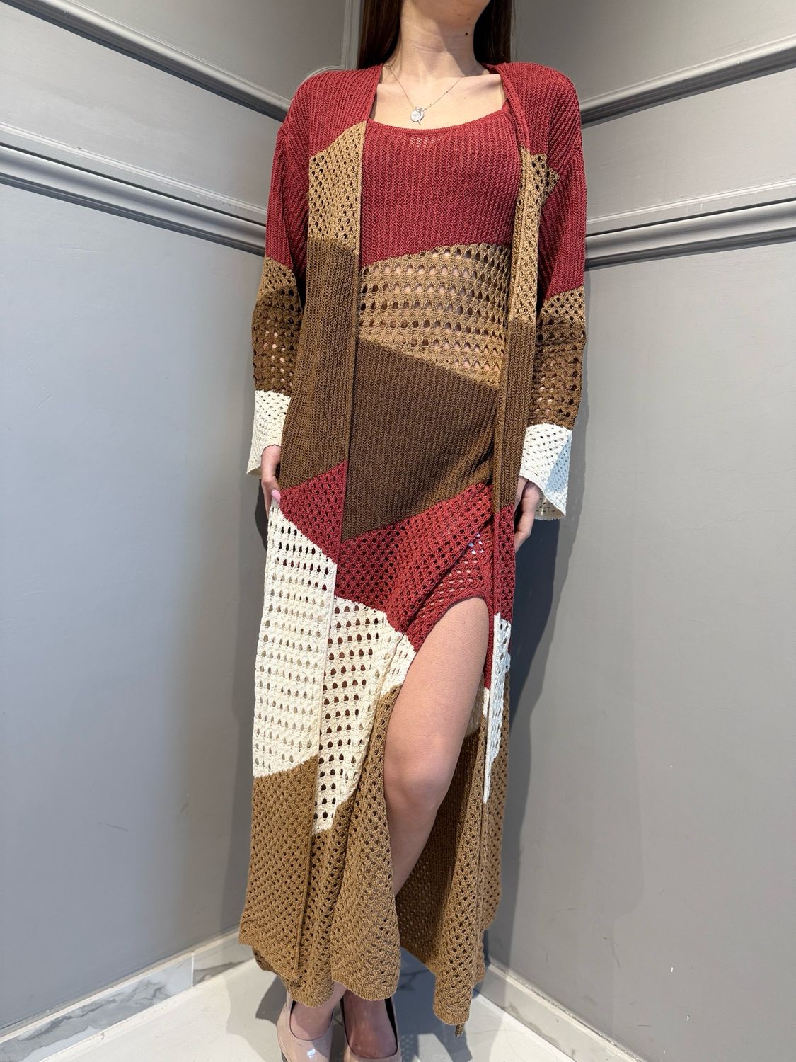 AKEP - maxi kimono manica lunga e rete intarsio MGKD1370 bordeaux
