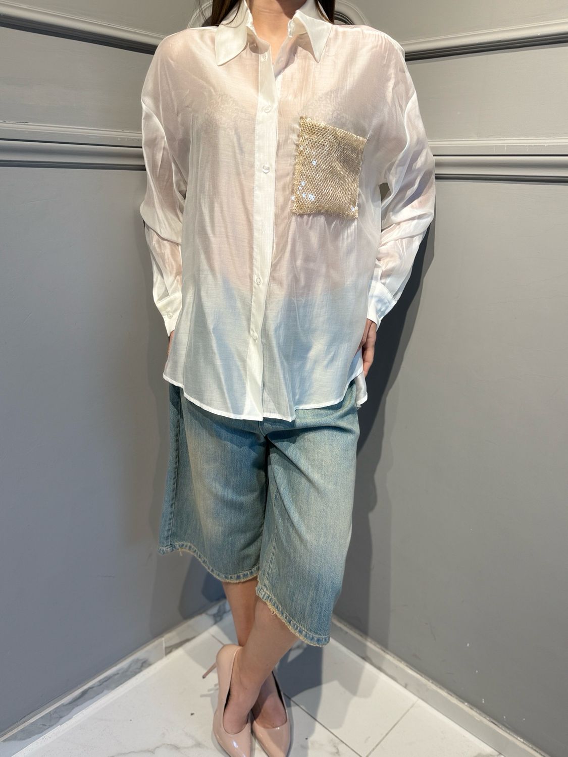 TENSIONE IN - camicia in lyocell con tasca paillettes PE260201 burro/burro