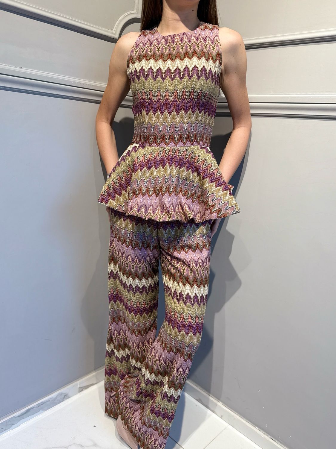 TENSIONE IN - pantalone elastico in vita a palazzo multicolore VS1476 viola