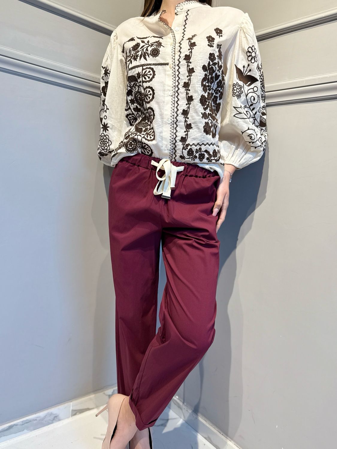 VICOLO - pantalone in popeline di cotone elasticizzato TAB1761 bordeaux